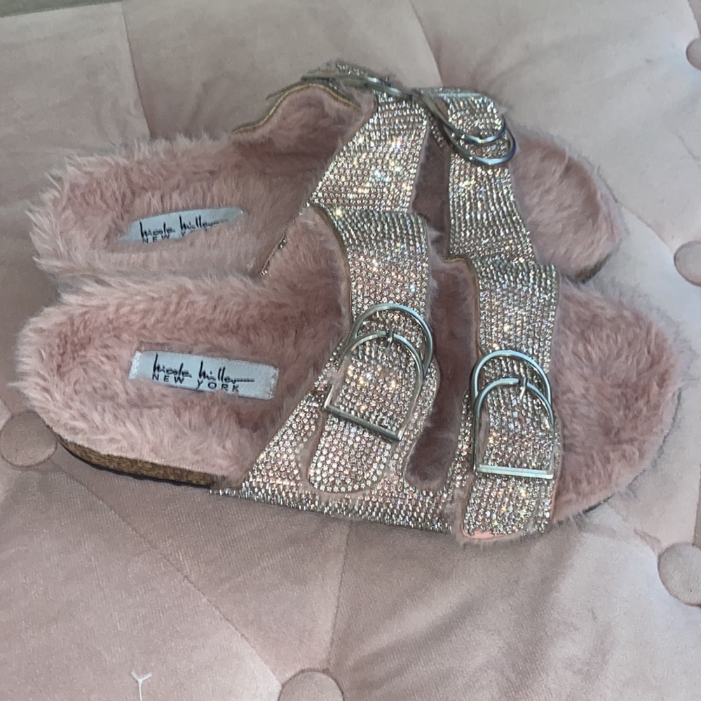 Pink fur Rhinestone Sandals -size 7